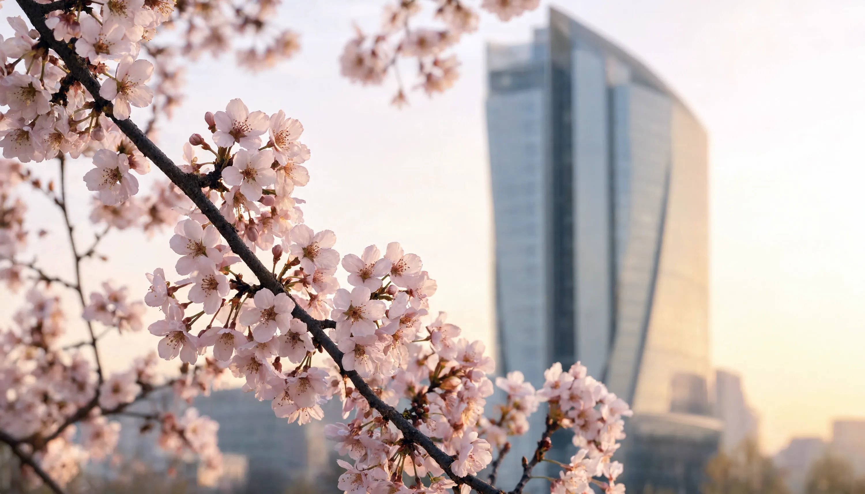 Cherry blossom branch in front of a glass tower at dusk