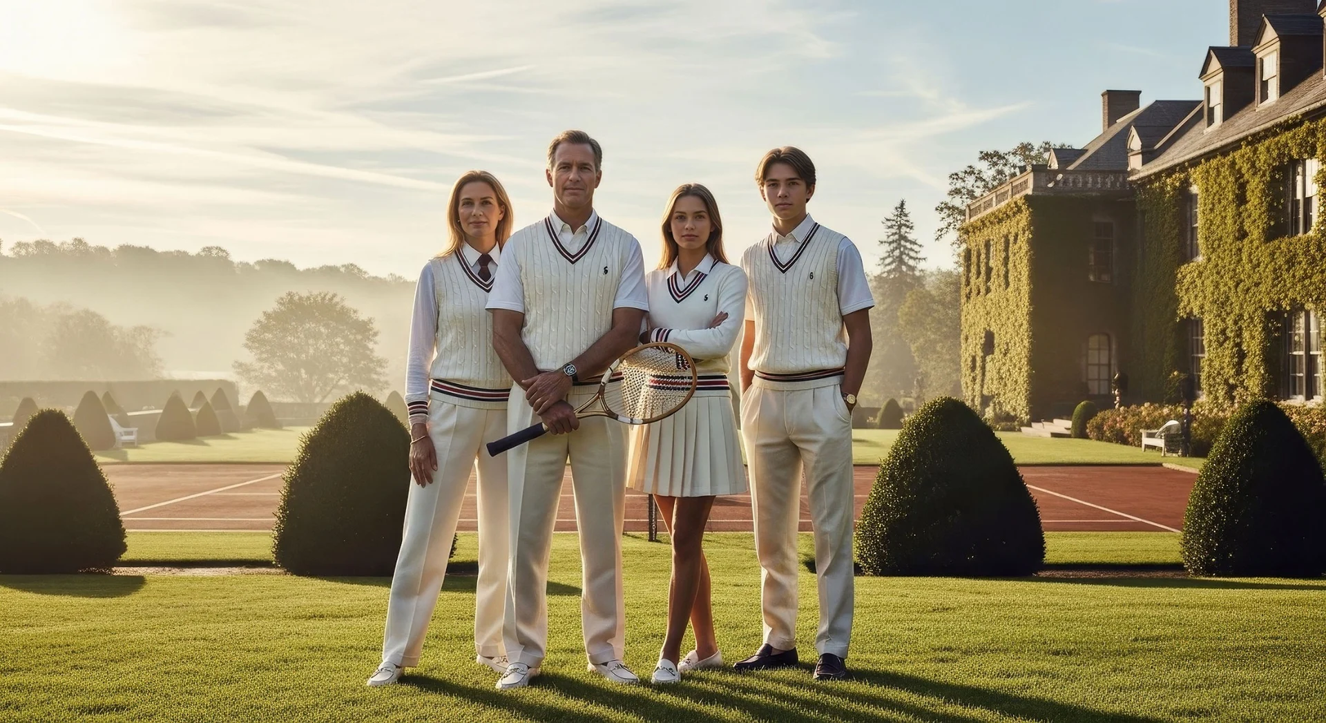 Conceptual brand photograph of a family on the lawn of a private estate